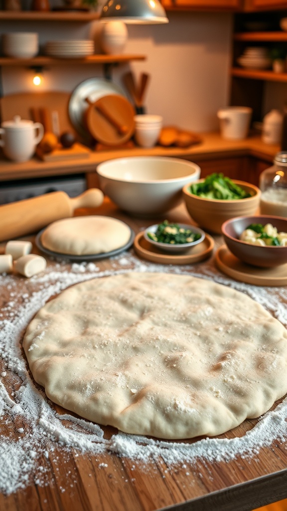 Freshly made Turkish dough on a floured table with rolling pins and fillings for pastries.
